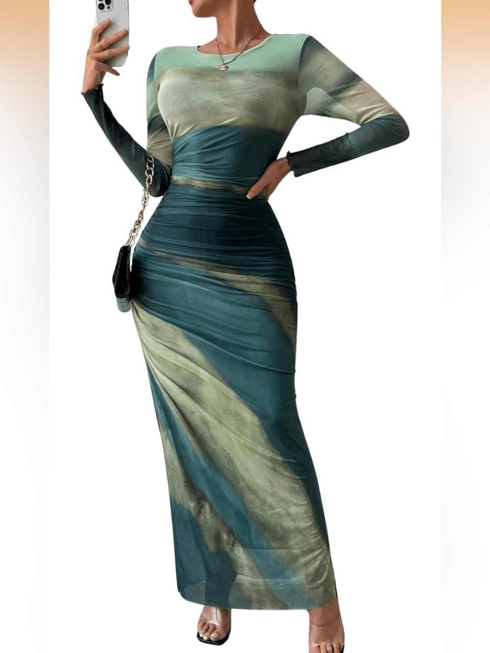 Luxury Elegant Teal & Olive Bodycon Long Sleeve Dress